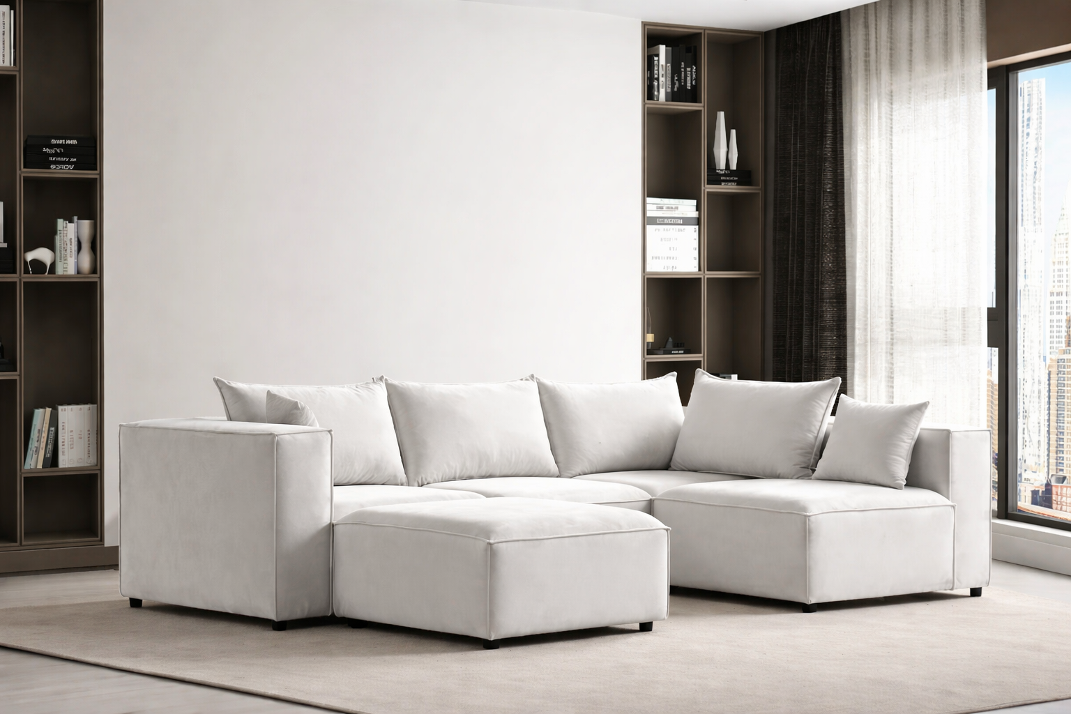 Canapé Modulable 4+1 Pouf en Velours Blanc Anti-Tâche – Design Contemporain & Confort Luxueux