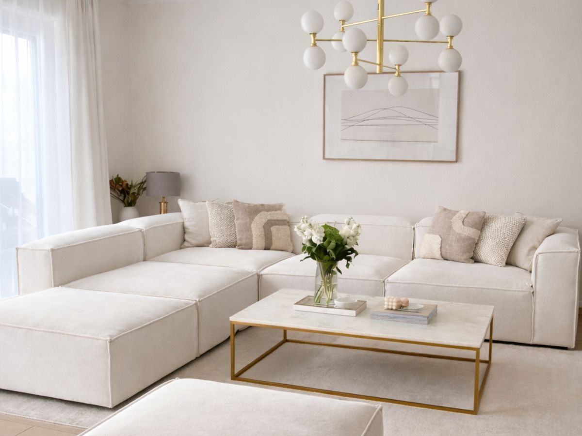 Canapé Modulable 4+1 Pouf en Velours Blanc Anti-Tâche – Design Contemporain & Confort Luxueux