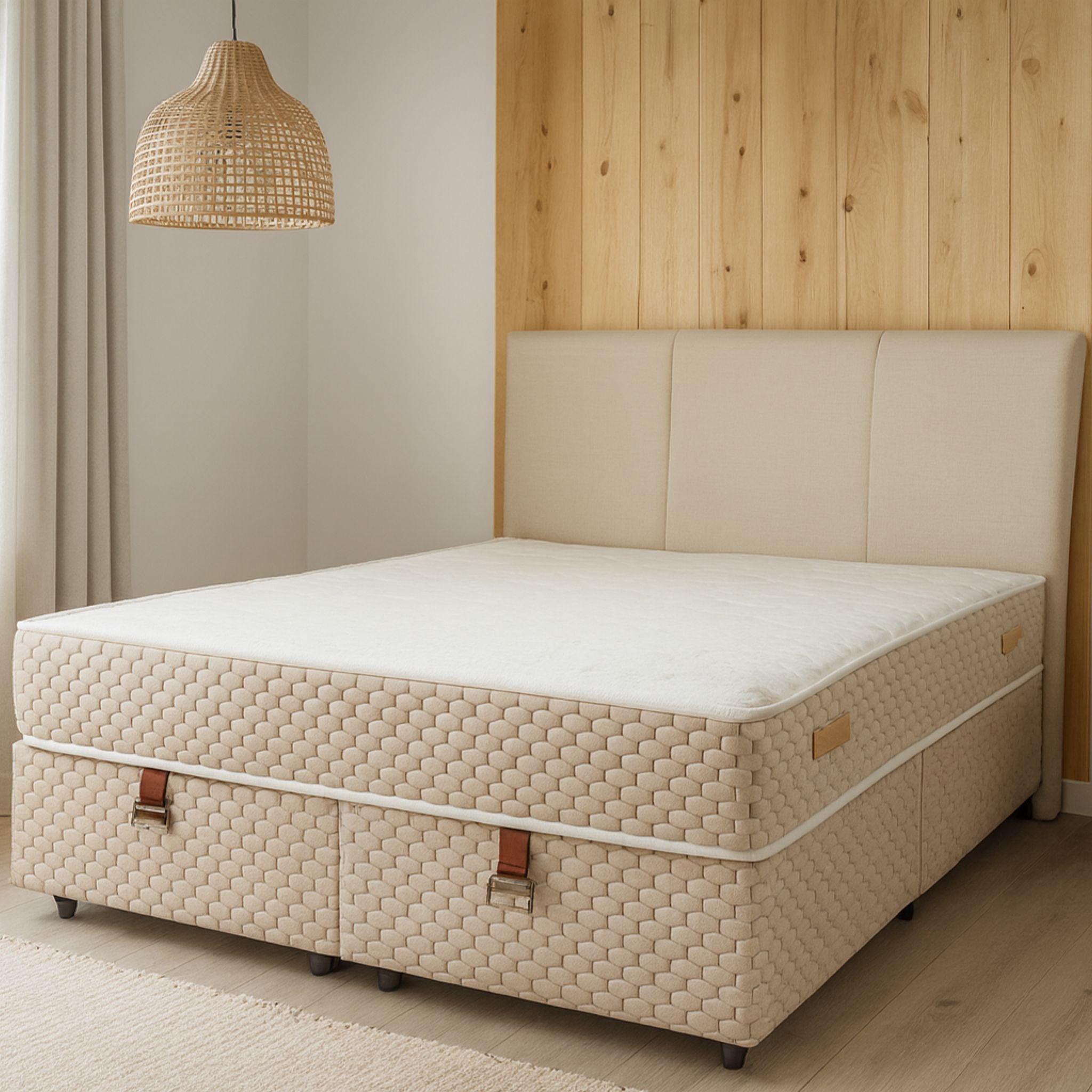 Lit Coffre Leon avec Rangement Intégré + Matelas Ressorts Ensachés 25 cm – Beige Lin – 140x190