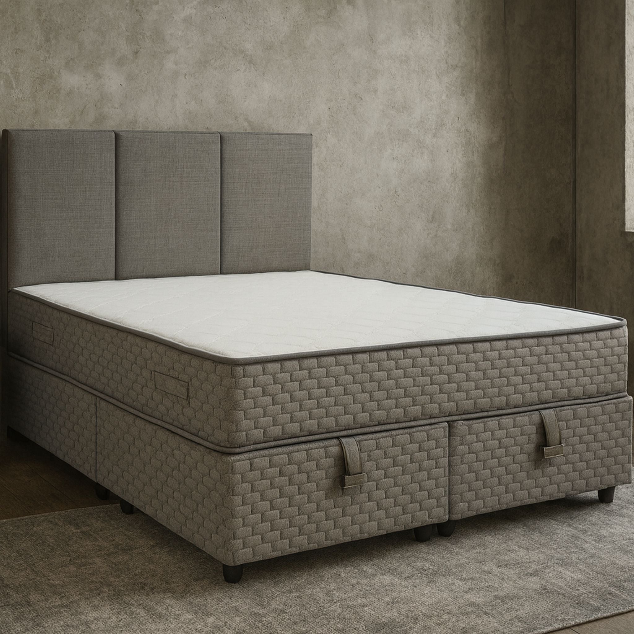 Lit Coffre Léon Gris en Lin avec Matelas Ressorts Ensachés 25 cm – 140x190 et 160x200