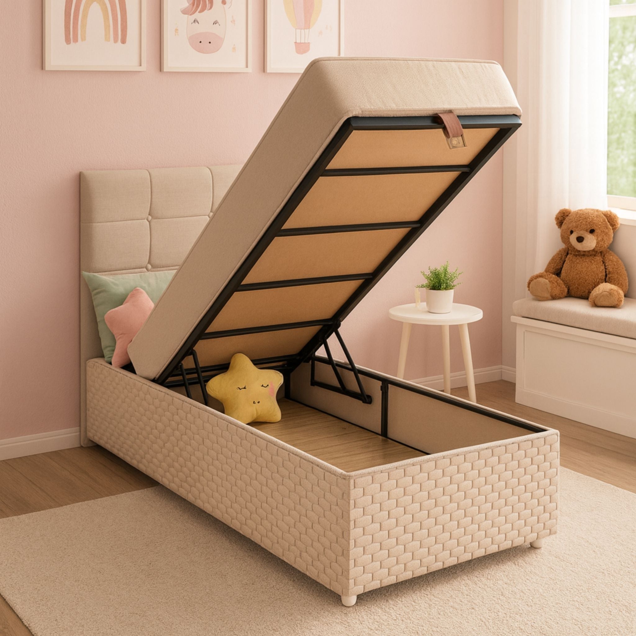 Lit Coffre Oslo 90x190 Beige Capitonné avec Matelas Ressorts Ensachés 25 cm – Confort et Praticité