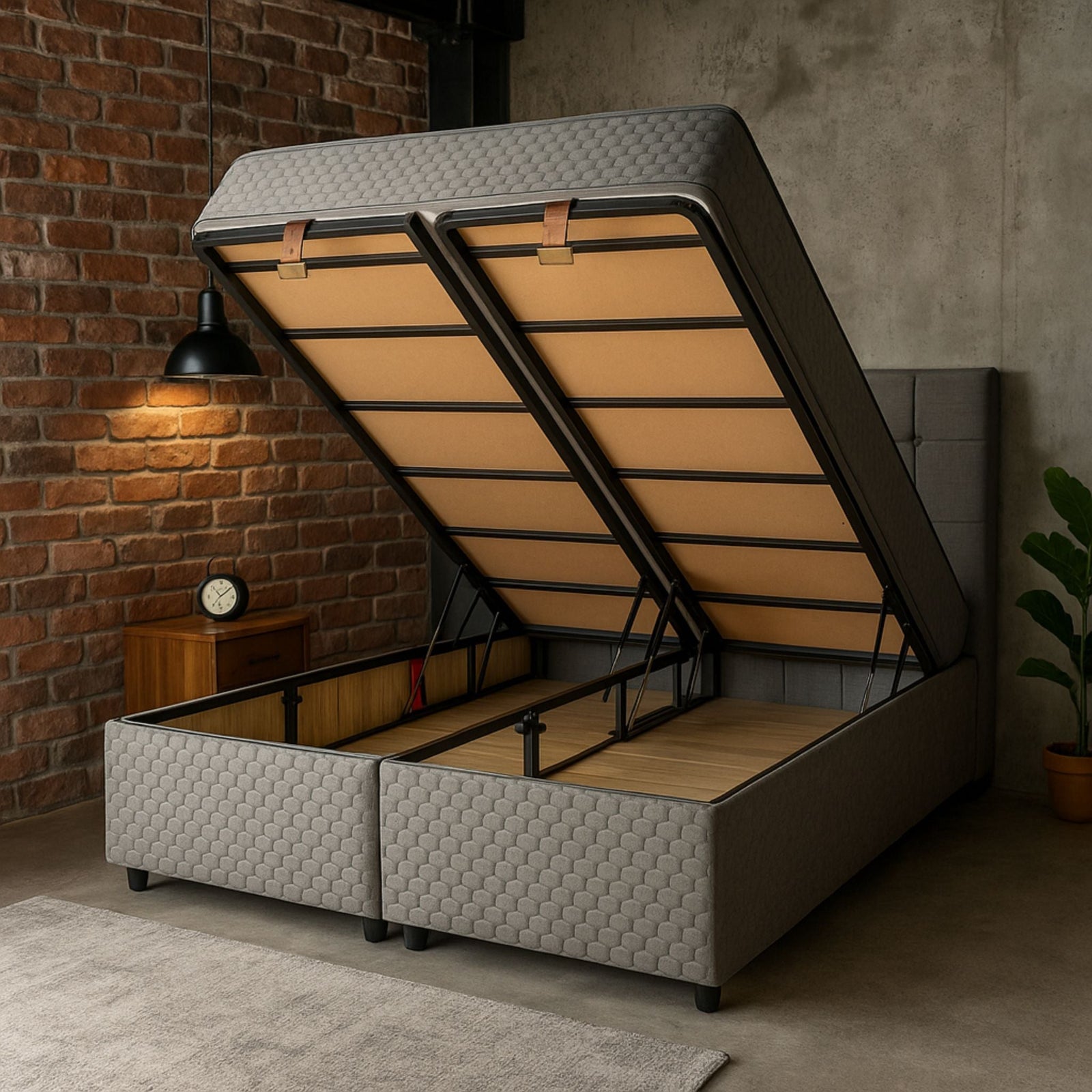 Lit Coffre Oslo Gris Capitonné avec Matelas Ressorts Ensachés 25 cm – 140x190 et 160x200