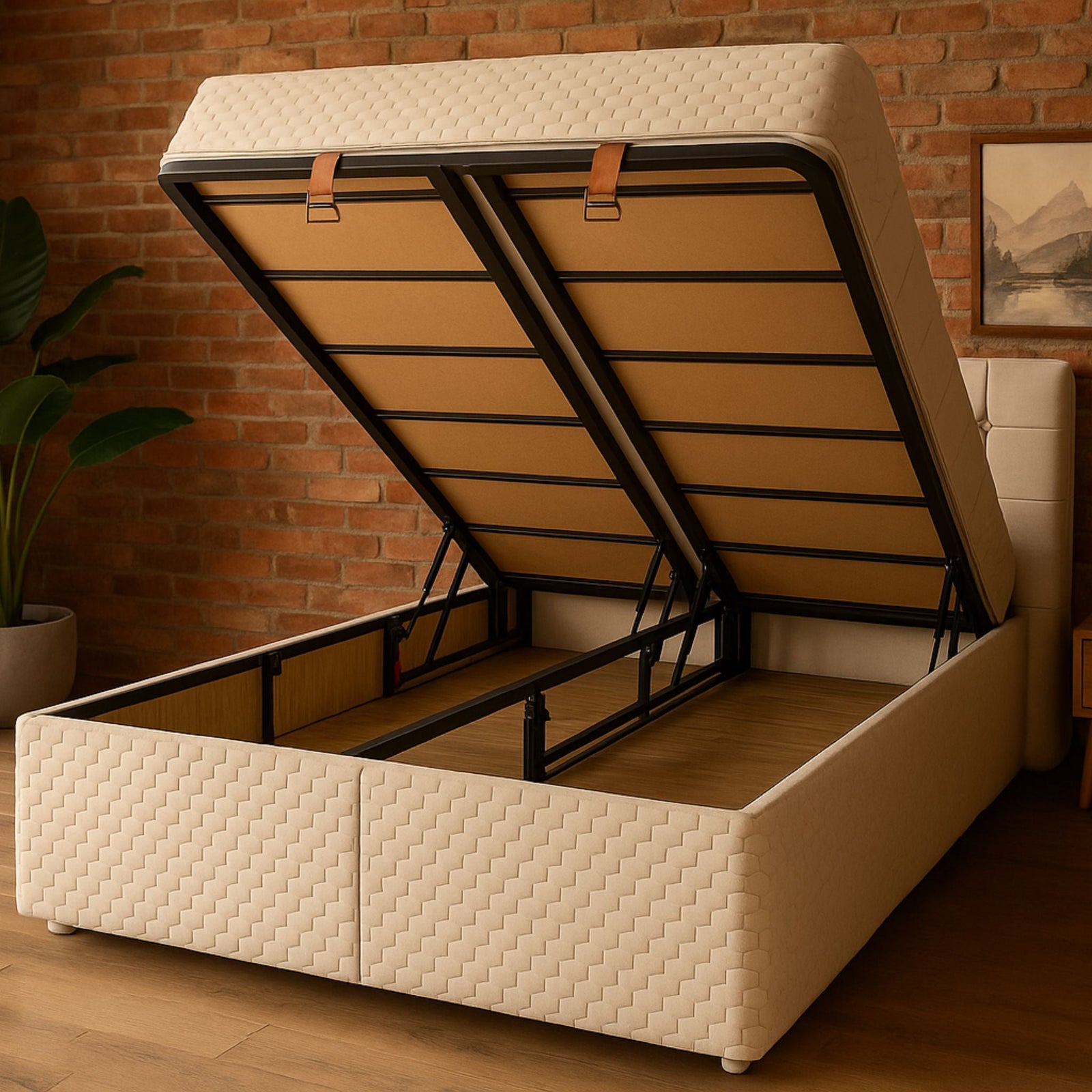 Lit Coffre Oslo Beige Capitonné avec Matelas Ressorts Ensachés 25 cm – 140x190 et 160x200