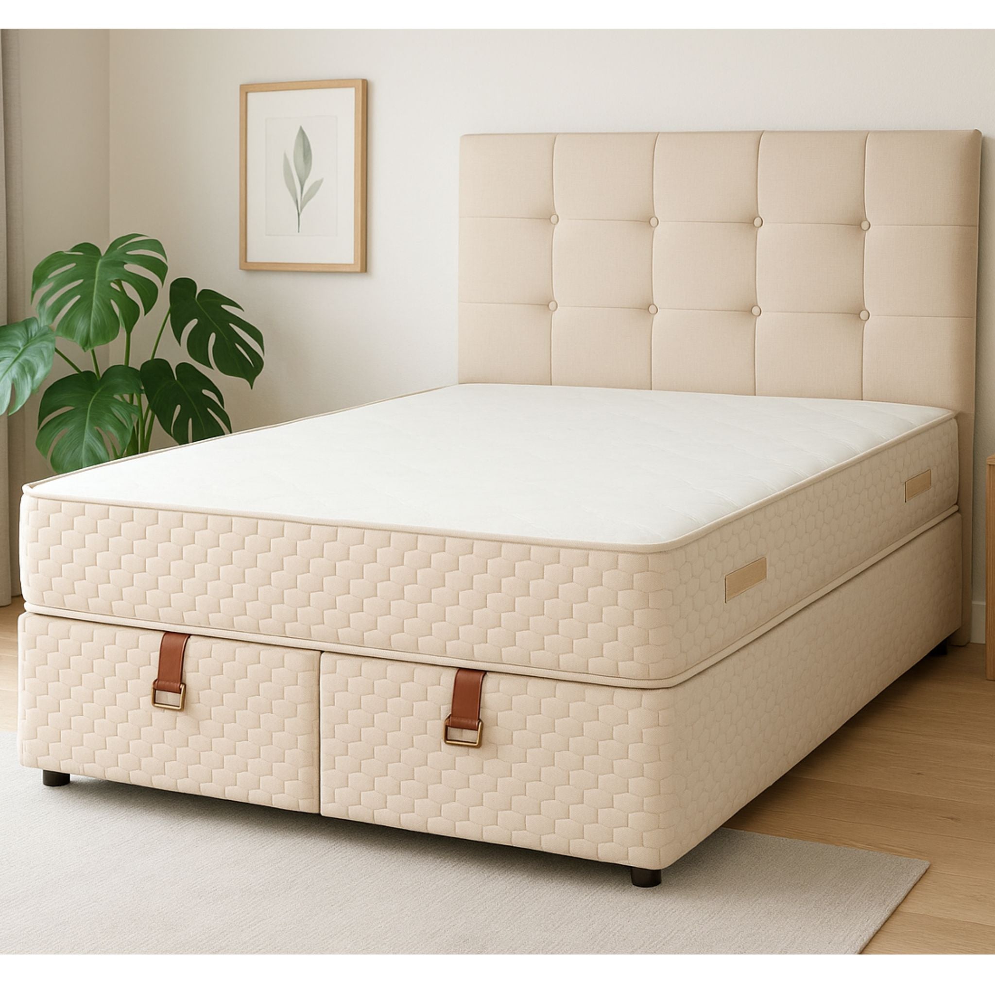 Lit Coffre Oslo Beige Capitonné avec Matelas Ressorts Ensachés 25 cm – 140x190 et 160x200