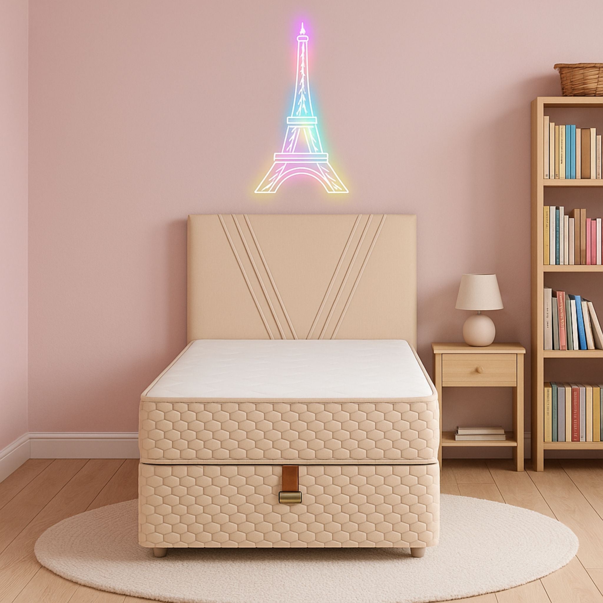 Lit Coffre Vénus 90x190 Beige avec Matelas 25 cm – Élégance et Praticité